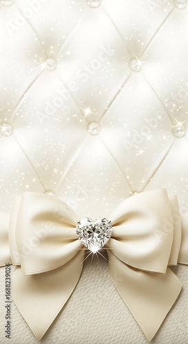 Cream Bow with Diamond Heart Gem on Tufted Background ribbon satin