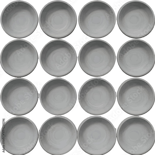 Overhead View of Symmetrical Grid Pattern with Sixteen Shallow Bowls Casting Subtle Shadow on a White Background