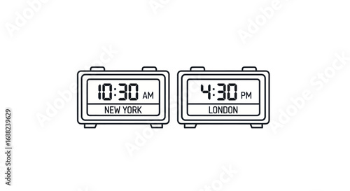 Two digital clocks displaying different time zones for New York and London cities.