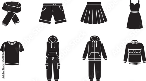 Assorted Black Fashion Icons in Two Rows on White clothing apparel