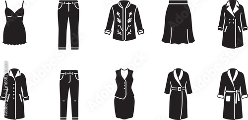 Assortment of Black Fashion Silhouettes on White Background clothing apparel