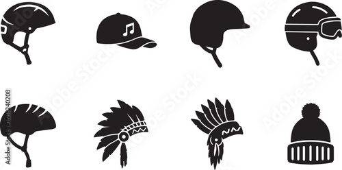 Assortment of Black Silhouette Headwear and Indigenous Headdresses helmet baseball cap