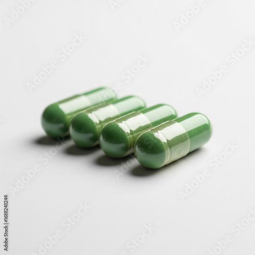 Close-up of Green Capsules on a White Surface, Healthcare and Wellness Theme