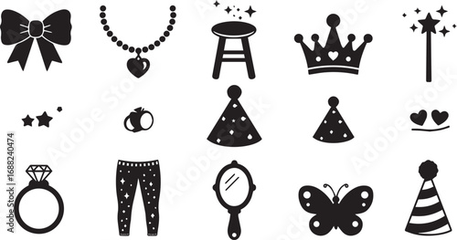 Assortment of black silhouette icons including party and princess themed items Keywords: bow, ribbon, necklace, beads, heart pendant, stool, chair, crown, tiara, princess crown, magic wand, star