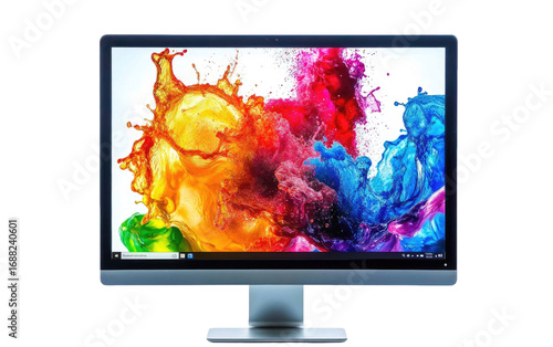 Modern computer monitor displaying vibrant abstract colorful paint splashes isolated on transparent background