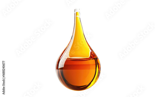 Golden amber liquid droplet with reflected light isolated on transparent background