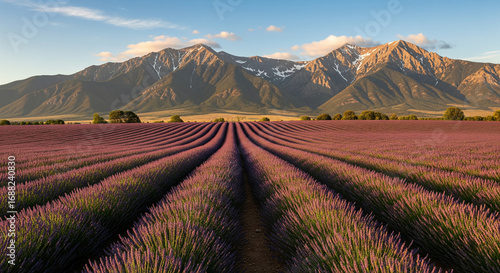 Endless rows of fragrant lavender flowers in a rural field with a stunning mountain vista at sunrise