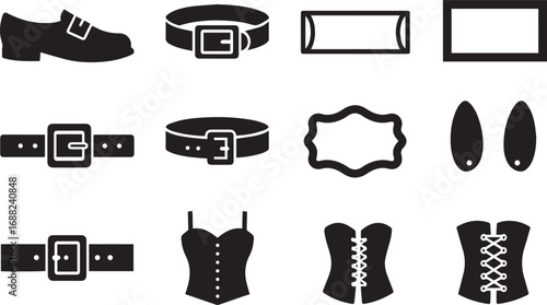 Assortment of Black Silhouette Icons: Shoe, Belts, Frames, and Corsets on White loafer buckle