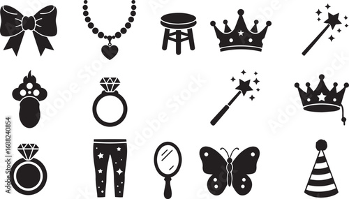 Assortment of black silhouette icons with crowns, magic wands, and party items Keywords: bow, ribbon, necklace, beads, heart pendant, stool, chair, crown, tiara, princess crown, magic wand, star