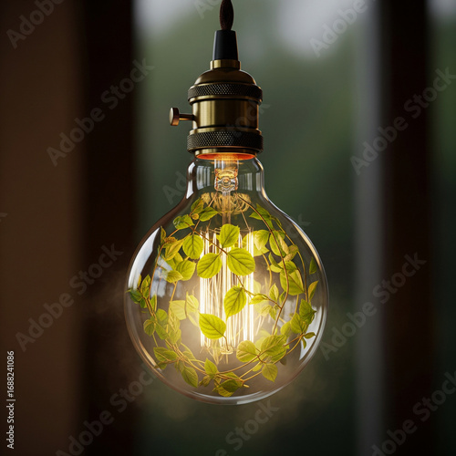 Glowing light bulb with green leaves inside, symbolizing sustainable energy and eco-friendly innovation for a greener world
