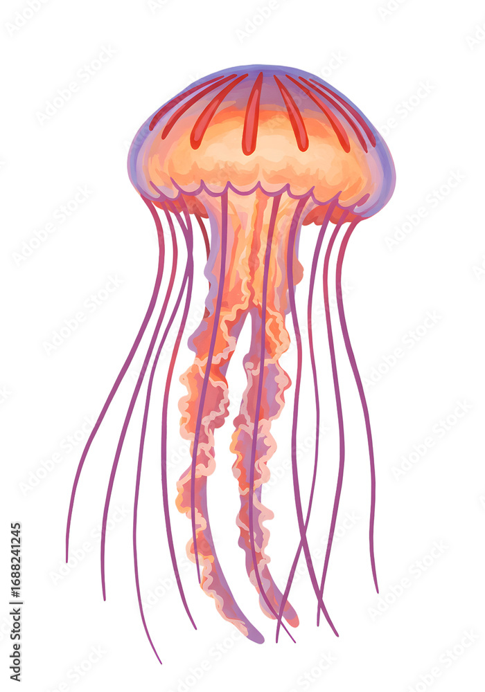 Obraz premium Vibrant Digital Illustration of a Bioluminescent Jellyfish with Flowing Tentacles png clear alpha channel cutout isolated on transparent background