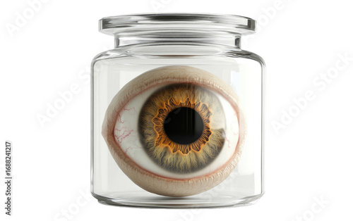 Glass jar containing a realistic human eyeball isolated on transparent background
