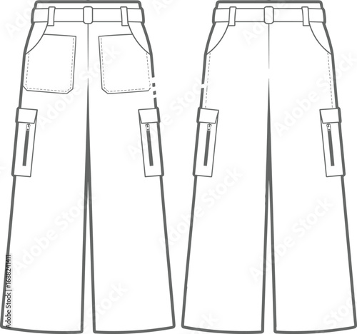 Flat fashion CAD drawing of wide-leg cargo pants with front and back patch pockets, zipper pockets, waistband, belt loops, and seams.