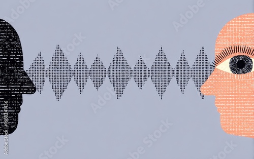 Two stylized heads, one dark and one light, facing each other, separated by a wave of data representing communication