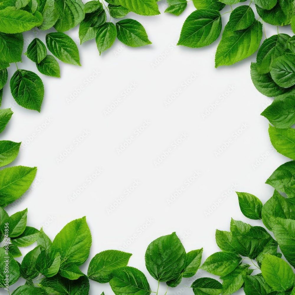 Naklejka premium Fresh green leaves frame a white background