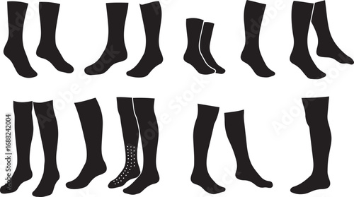Assortment of Black Silhouette Socks and Stockings on White Background Keywords: socks, stockings, hosiery, legwear, fashion, clothing, apparel, accessory, footwear, style, black, silhouette