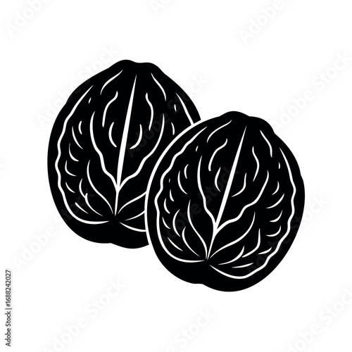 Two Shelled Walnuts in Bold Black and White Silhouette Style