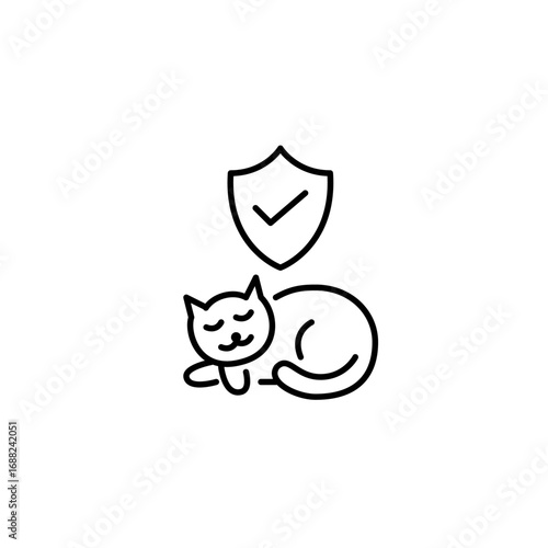 Verified pet safety, certified products and services. Sleeping cat, shield and checkmark. Pixel perfect, editable stroke vector icon