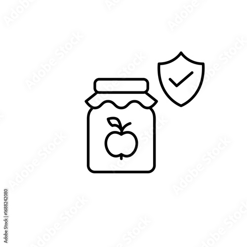 Apple jam jar, shield and checkmark. Food safety, certified quality, organic vendors. Pixel perfect, editable stroke vector icon
