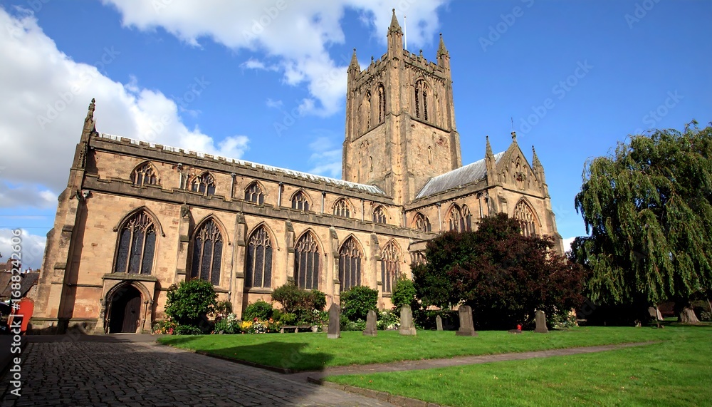 Fototapeta premium Historic church facade with graveyard