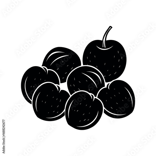 Black and white stylized drawing of a cluster of small peaches