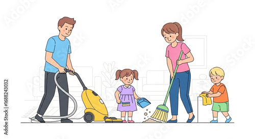 A cartoon family engaged in household chores, vacuuming, sweeping, and tidying up a room.