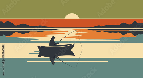 Retro style graphic design of a lone fisherman in a boat at sunset, with geometric shapes and a warm color palette, ideal for evoking a sense of calm and nostalgia