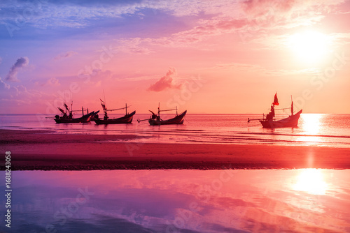 Beautiful sea sunset landscape, fisherman boat, ocean sunrise, ship silhouette, tropical island beach, colorful red purple sky cloud, sun reflection on water, summer holidays, travel, Thailand, Samui
