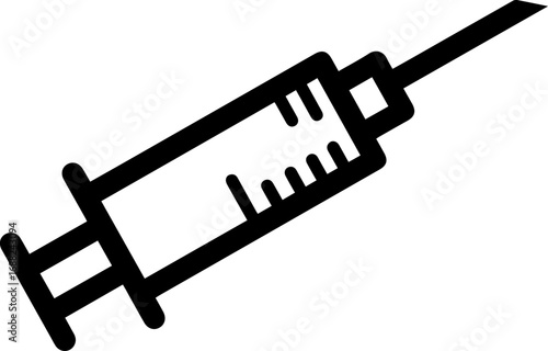 Black outline of a hypodermic needle and syringe, a universal symbol for medical procedures, vaccines, immunization, and healthcare services