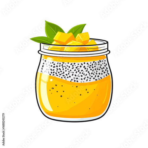 Pixelated Mango Chia Seed Pudding in Glass Jar with Green Leaves on White Background Diet Food Concept for Stock Illustration