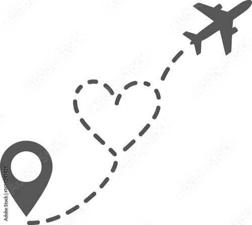 Airplane flight path heart location marker travel destination romantic journey trip vector