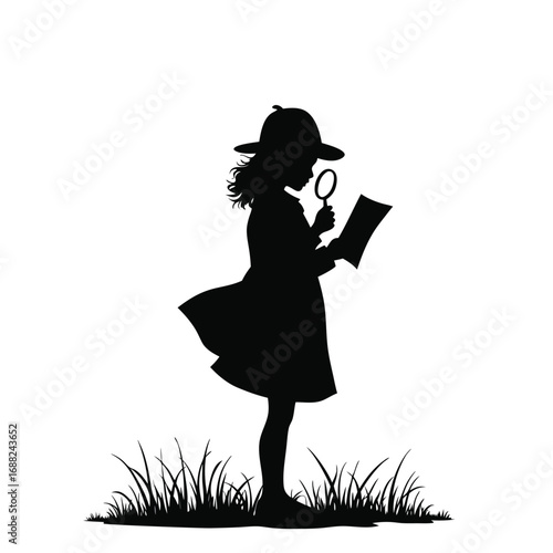 Silhouette of a child detective examining a document with a magnifying glass
