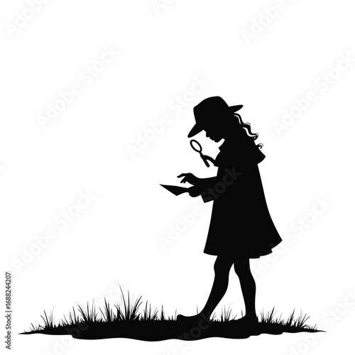 Silhouette of a child detective with magnifying glass and paper