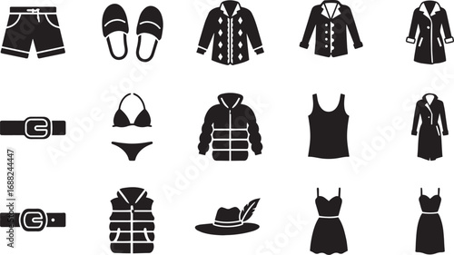 Assortment of clothing and accessory icons including shorts slippers jackets and dresses Keywords: shorts, bikini, bra, underwear, belt, buckle, slippers, sandals, jacket, coat, puffer jacket, down