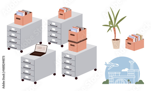 File cabinets with rolling wheels, a laptop, office folders in boxes, and a decorative plant. Plane and airport building symbolizing work-travel connection. Ideal for productivity, organization