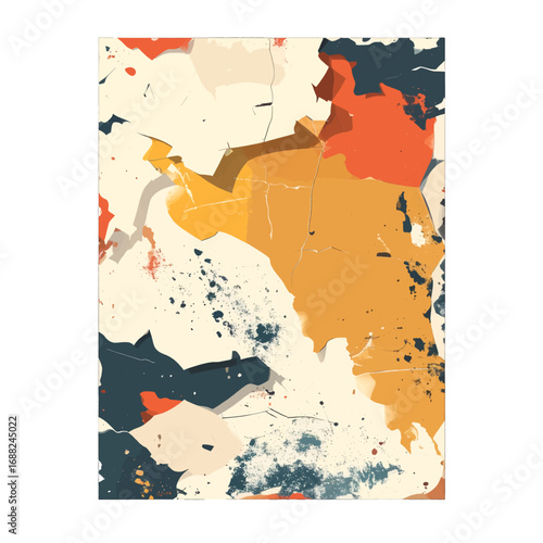 Abstract Mosaic with Earth Tones and Geometric Shapes in Beige Backdrop Composed of Blue Orange Yellow Shapes with Speckled Texture for Wall Decor