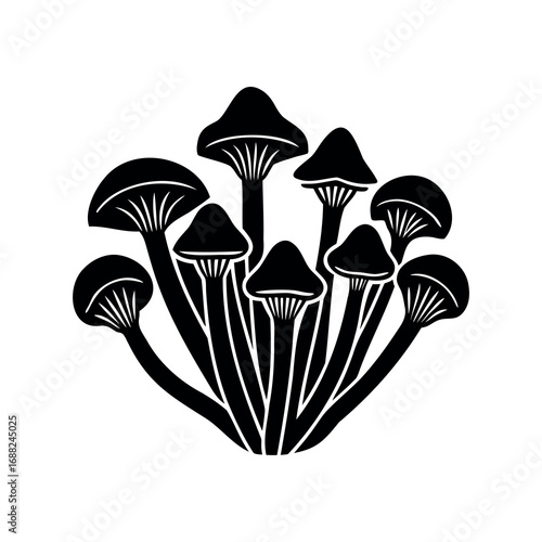 Artistic monochrome depiction of clustered mushrooms in black and white vector