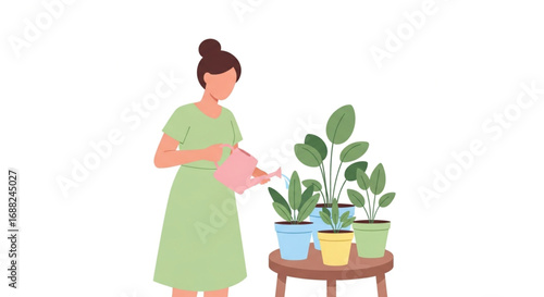 A woman in a green dress waters potted plants, tending to her indoor garden.