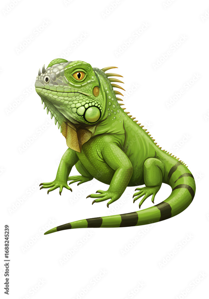 Obraz premium Vibrant Green Iguana with Detailed Scales and Yellow Eyes on Soft Green Background png clear alpha channel cutout isolated on transparent background