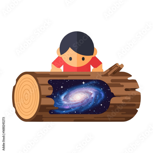 Pixelated Boy Gazing into a Cosmic Galaxy Displayed within a Hollowed Log on a White Background