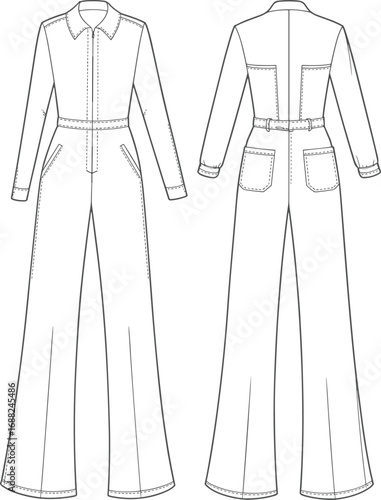 Flat vector CAD drawing of long sleeve utility jumpsuit with wide leg, collar detail, patch pockets, and front zip closure design