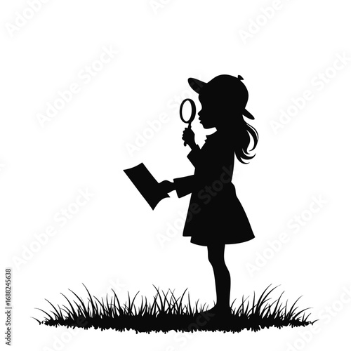 Silhouette of a girl detective with magnifying glass and paper