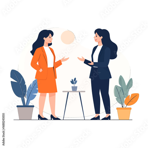 Two Women in Business Attire Discussing Project in Bright Room with Potted Plants and Minimalist Table Under a Faint Sun with Clean Background