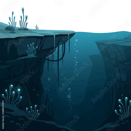 Pixel Art Underwater Cliff Edge with Bioluminescent Plants and Bubbles in Dark Ocean Blue Depths Scenic Detailed Illustration