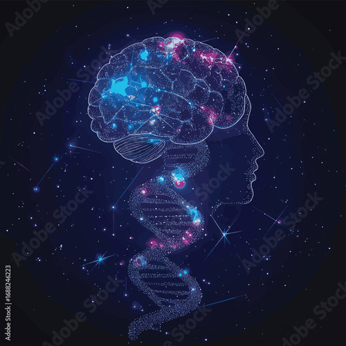 Abstract blue and purple DNA molecule helix and brain , vector style simple color