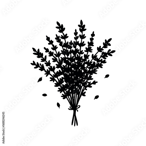 Elegant monochrome drawing of a lavender bouquet tied with ribbon bow
