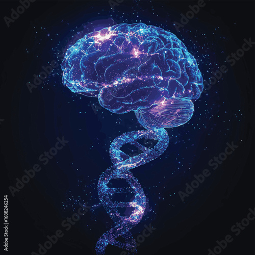 Abstract blue and purple DNA molecule helix and brain , vector style simple color