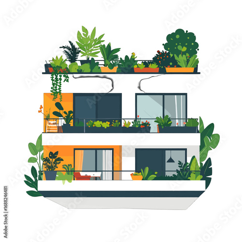 Modern Apartment Building With Balconies and Lush Green Plants in Pots on White Background Illustration