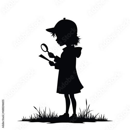 Silhouette of child detective examining document with magnifying glass