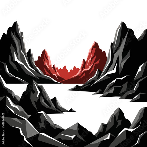Pixelated Black and Red Mountains Over White Water Landscape With Low Resolution Details and Minimalist Aesthetic Design